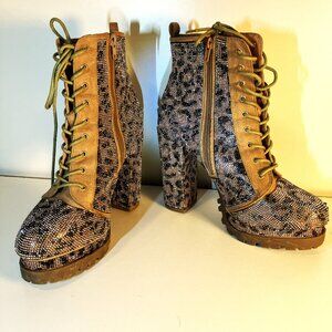 WILD DIVA Vivian 15 Leopard Rhinestone High Heel Platform Ankle Boots, Size US10